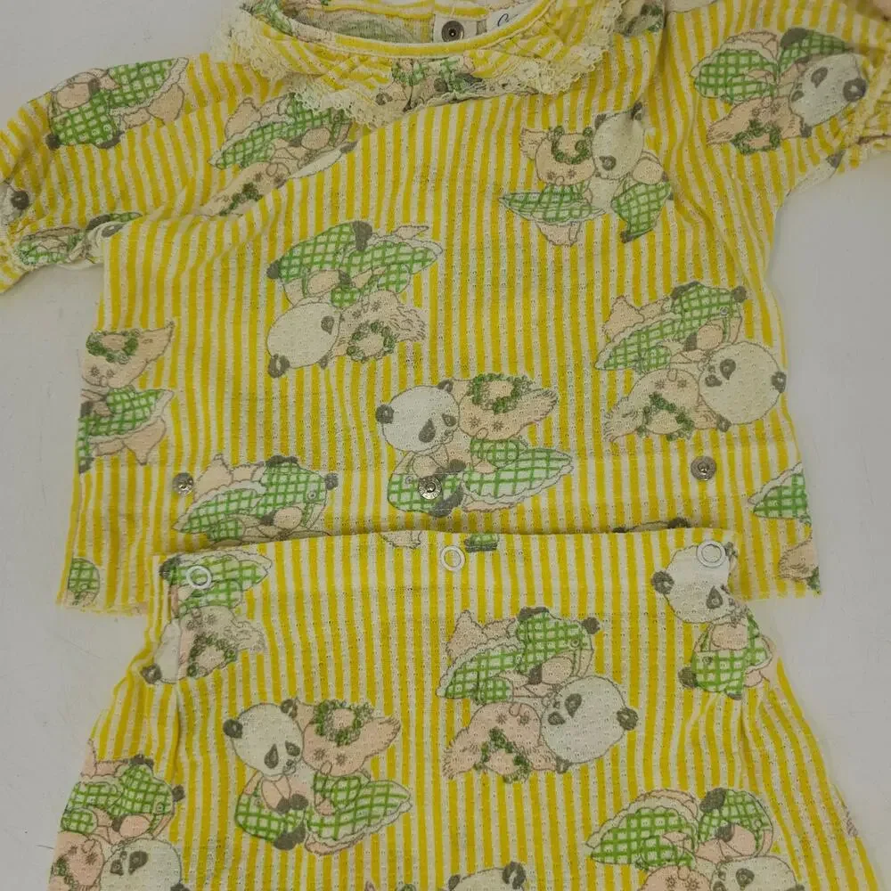 Vintage 70s Carter's Yellow Panda Pinstripe Pajama 2 Piece Sleepwear Girl 4 4037